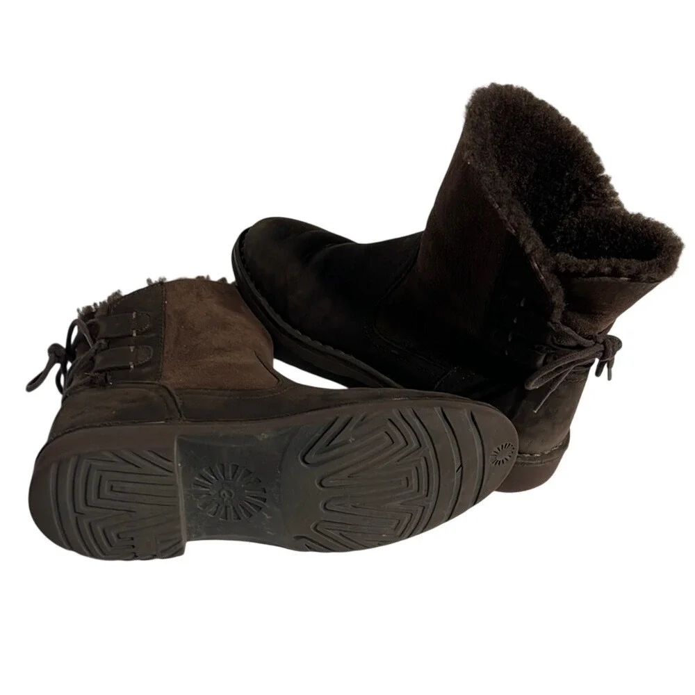 UGG Brown‎ Leather Suede Shearling Back Tie Mid Calf Boots Womens 7 1005430
